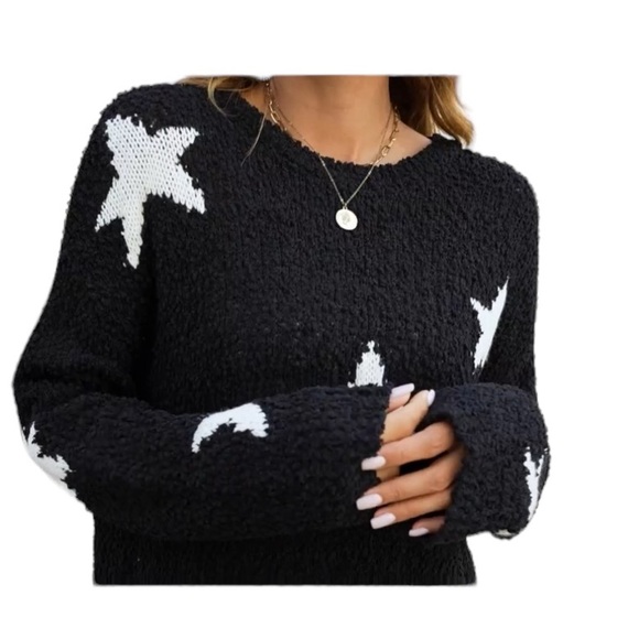 Amazon Earth Black Star Pullover Side Slit Casual Long Sleeve Sweater - Picture 3 of 11